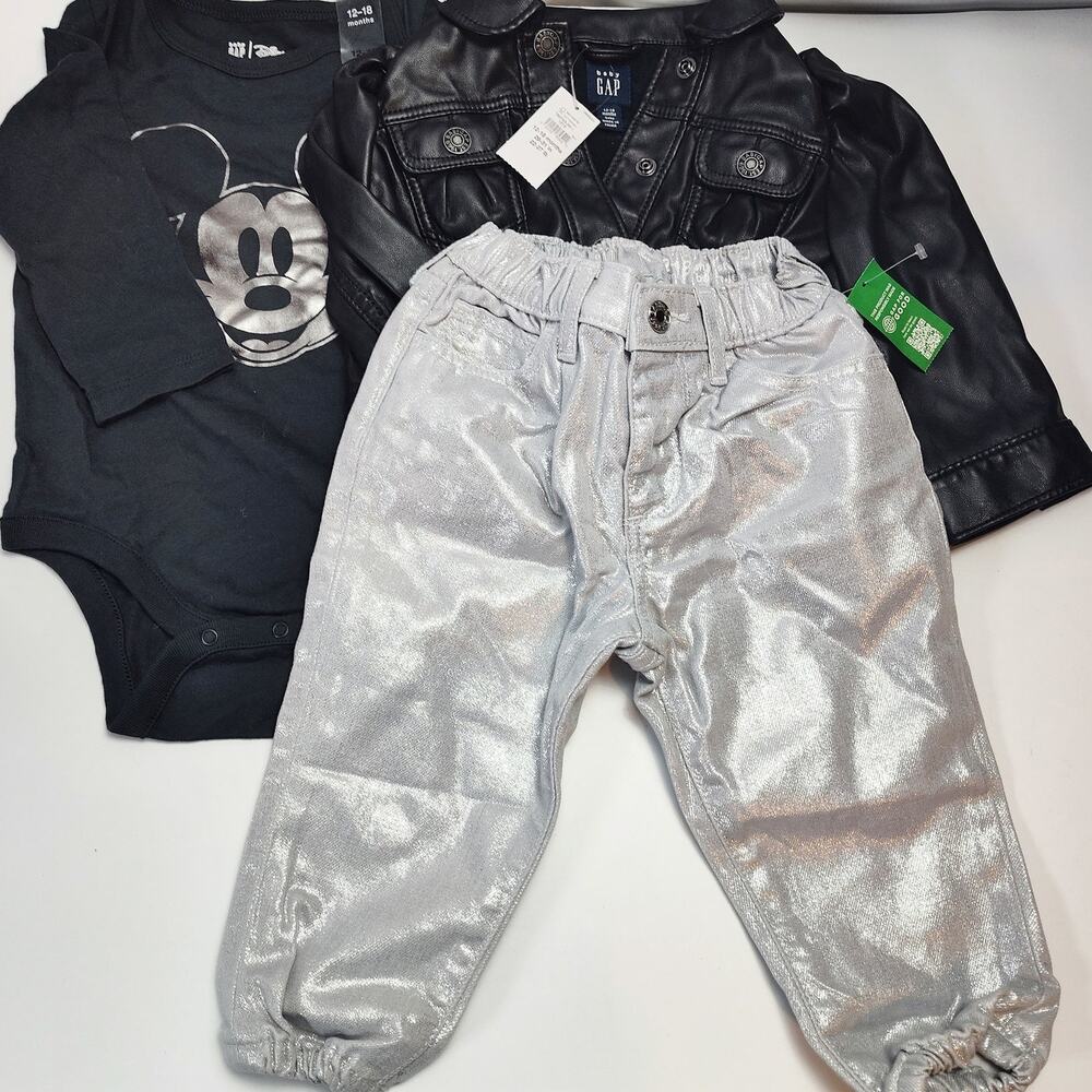 Baby GAP 12-18M Outfit Set NWT Faux Leather Jacket Silver Pants